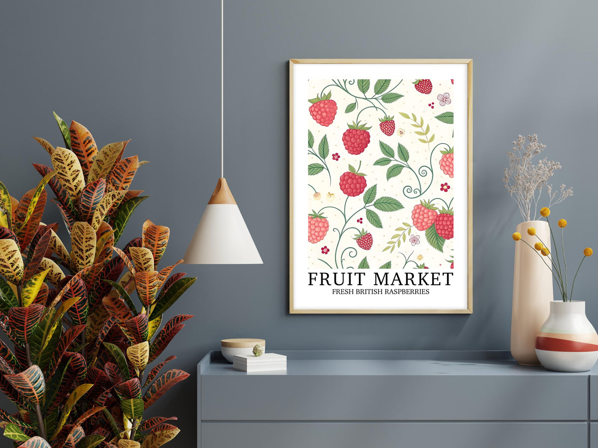 Botanical Raspberry Kitchen Print: British Fruit Farm Gift, Cute Gift For Her, Bold Cottage Core Poster