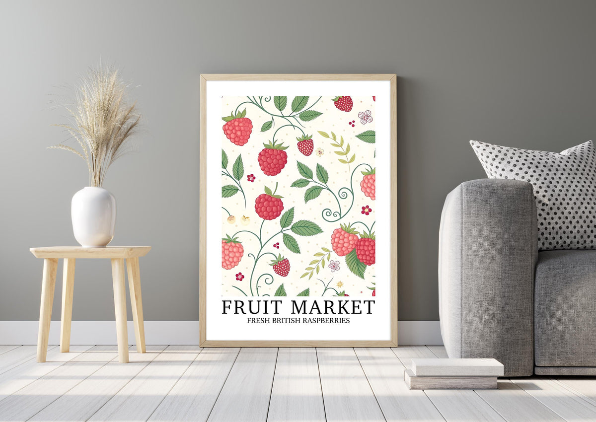 Botanical Raspberry Kitchen Print: British Fruit Farm Gift, Cute Gift For Her, Bold Cottage Core Poster