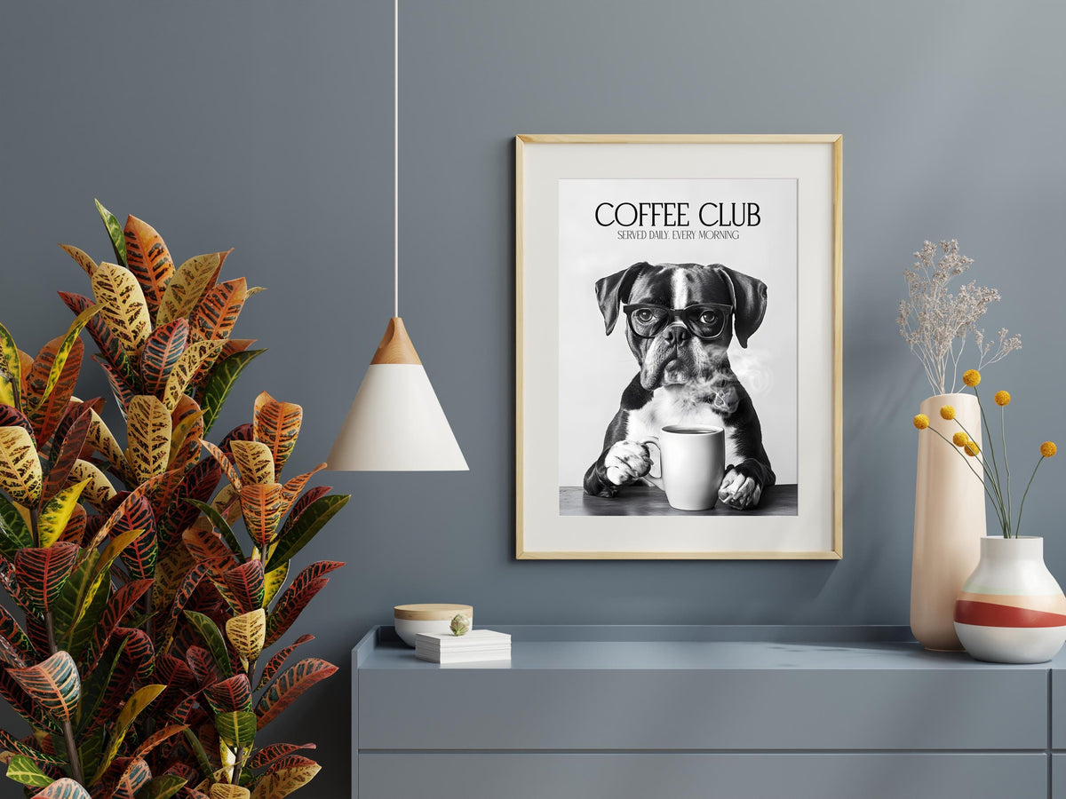 Boxer Monochrome Print: Funny Dog Kitchen Wall Art, Black & White Coffee Drinking Poster, Pet Owner Photo Artwork