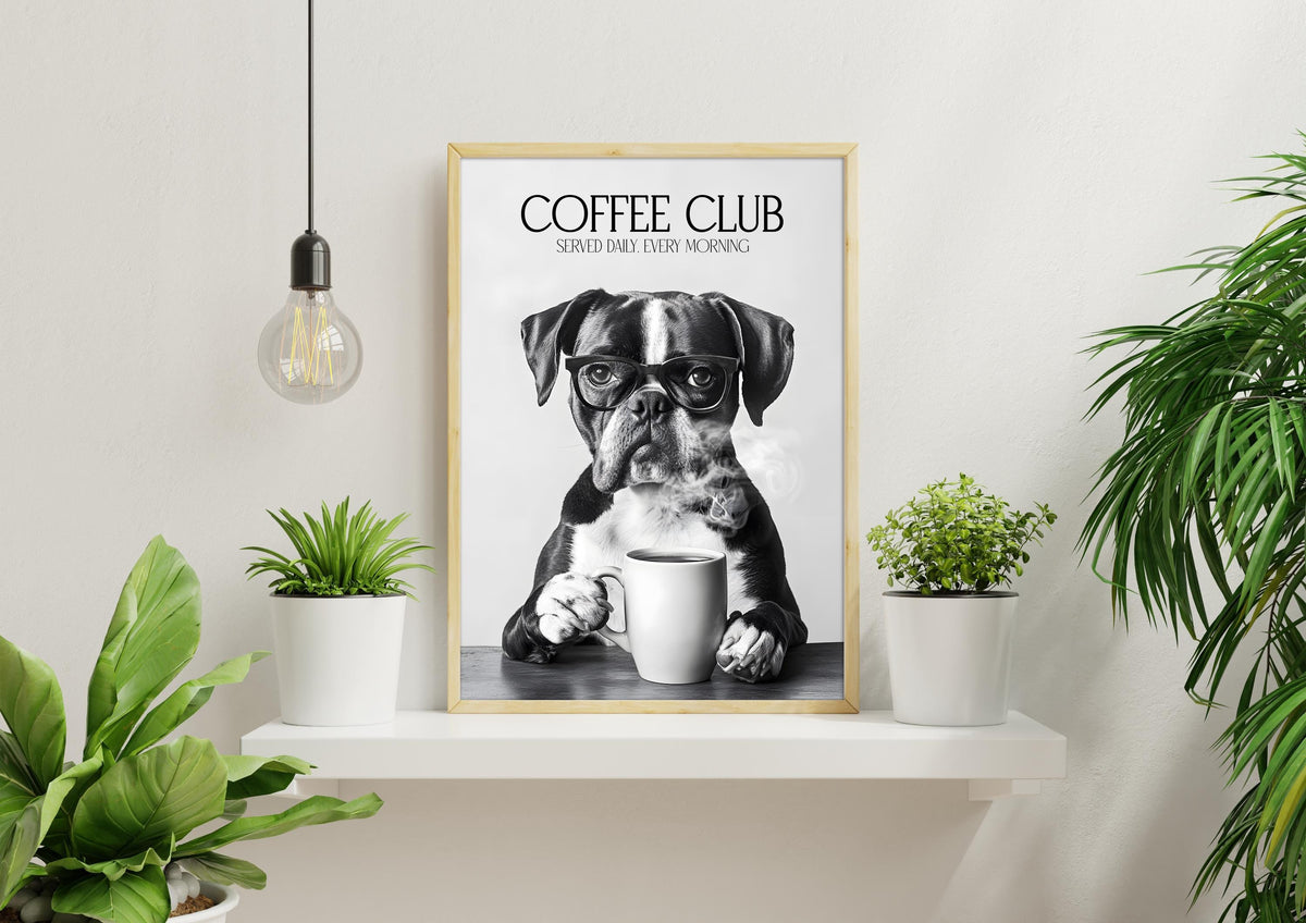Boxer Monochrome Print: Funny Dog Kitchen Wall Art, Black & White Coffee Drinking Poster, Pet Owner Photo Artwork