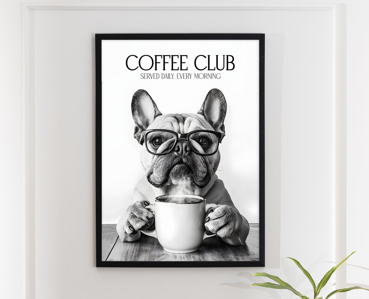 Bulldog Monochrome Print: Funny Dog Kitchen Wall Art, Black & White Coffee Drinking Poster, Pet Owner Photo Artwork
