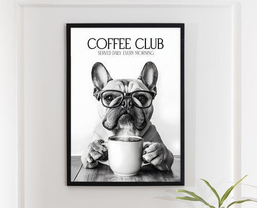 Bulldog Monochrome Print: Funny Dog Kitchen Wall Art, Black & White Coffee Drinking Poster, Pet Owner Photo Artwork