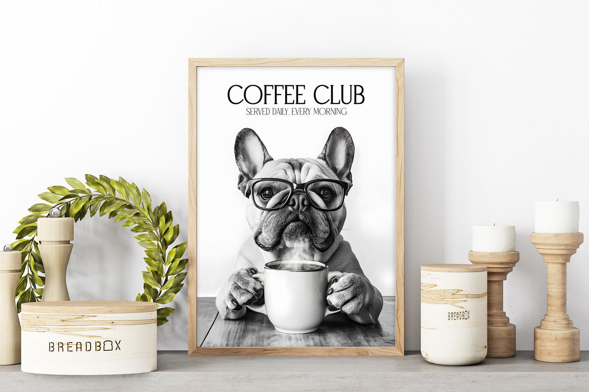 Bulldog Monochrome Print: Funny Dog Kitchen Wall Art, Black & White Coffee Drinking Poster, Pet Owner Photo Artwork