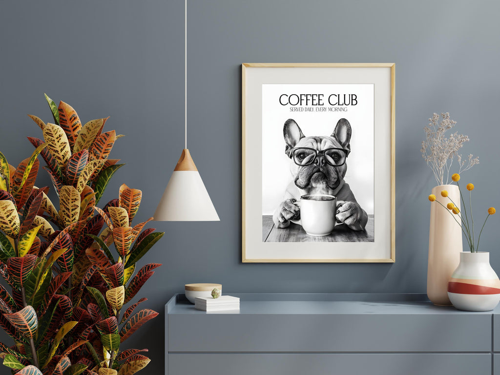 Bulldog Monochrome Print: Funny Dog Kitchen Wall Art, Black & White Coffee Drinking Poster, Pet Owner Photo Artwork
