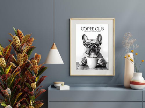 Bulldog Monochrome Print: Funny Dog Kitchen Wall Art, Black & White Coffee Drinking Poster, Pet Owner Photo Artwork