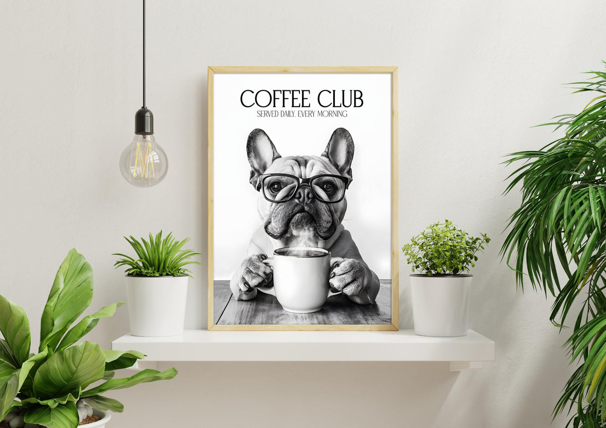 Bulldog Monochrome Print: Funny Dog Kitchen Wall Art, Black & White Coffee Drinking Poster, Pet Owner Photo Artwork