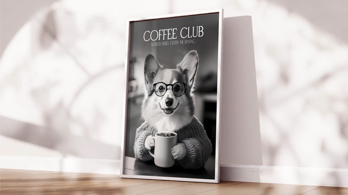 Corgi Funny Kitchen Print: Comedy Dog Wall Art, Black & White Coffee Drinking Poster, Cute Pet Owner Home Decor