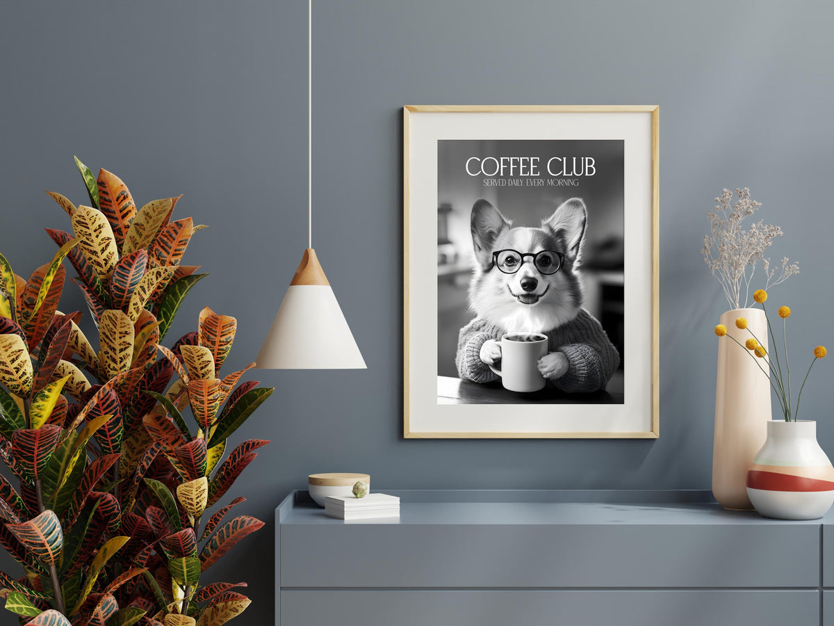 Corgi Funny Kitchen Print: Comedy Dog Wall Art, Black & White Coffee Drinking Poster, Cute Pet Owner Home Decor