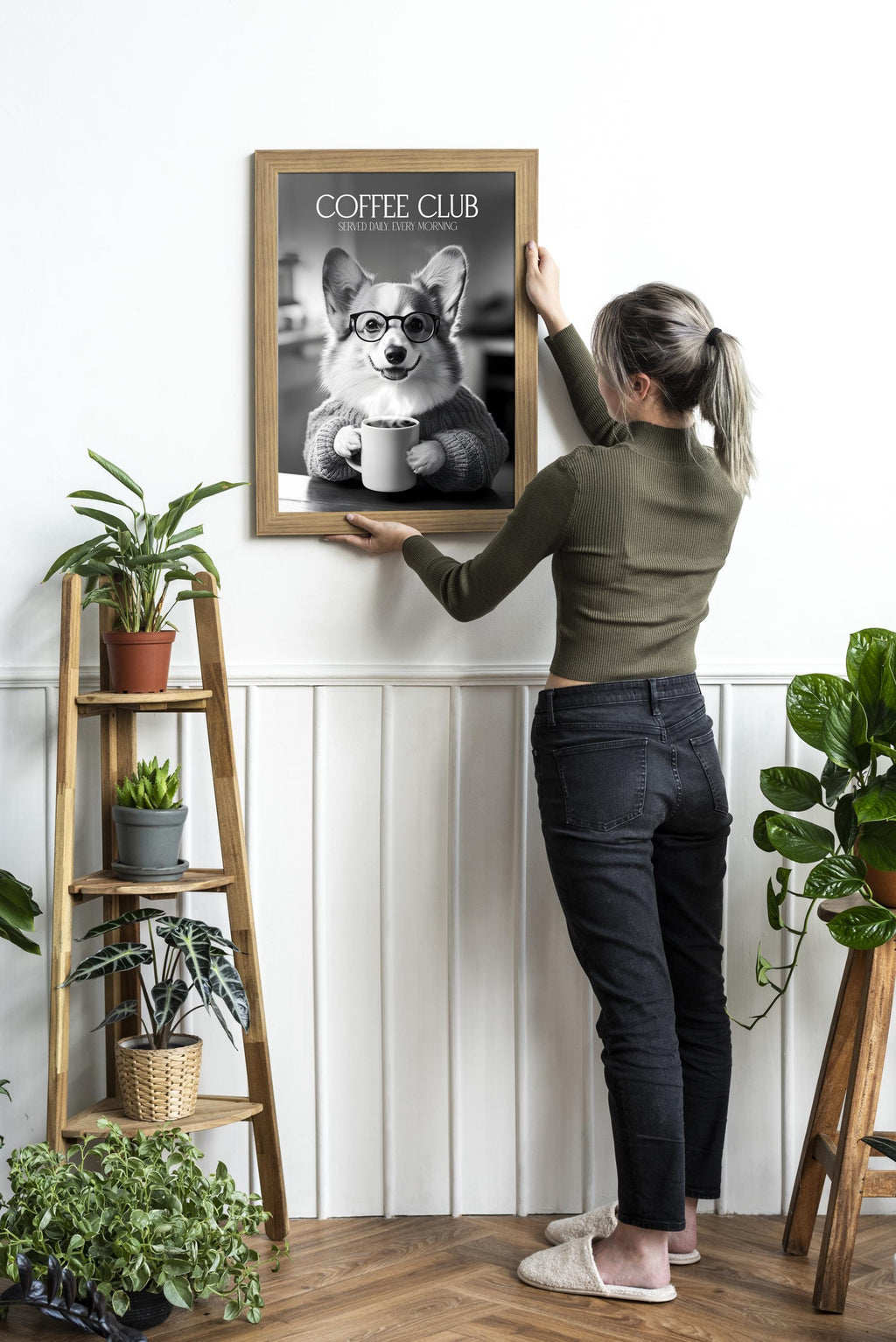 Corgi Funny Kitchen Print: Comedy Dog Wall Art, Black & White Coffee Drinking Poster, Cute Pet Owner Home Decor