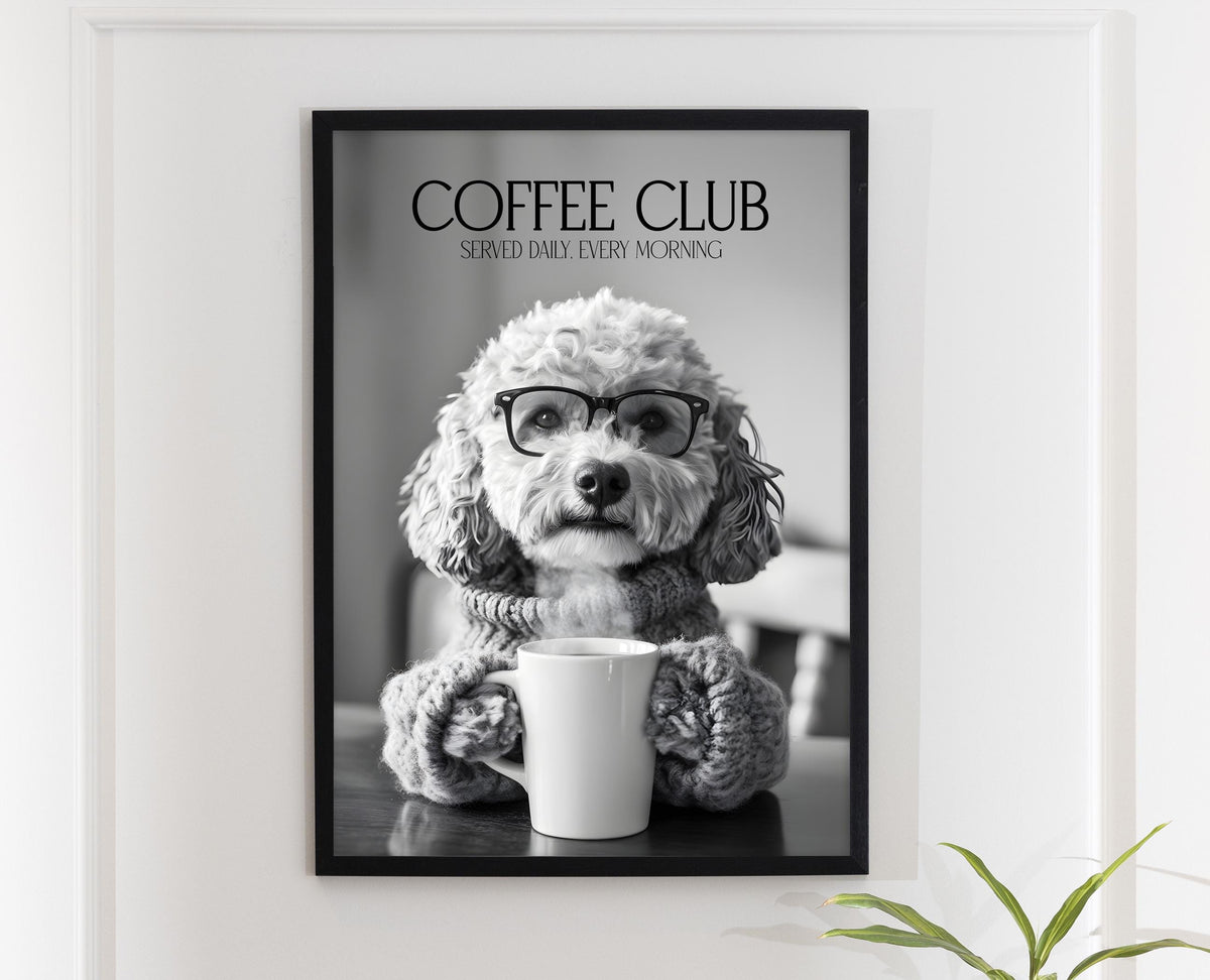 Cockapoo Dog Print, Coffee Club Wall Art, Funny Kitchen Decor, B&W Dog Drinking Poster, Humorous Pet Photograph