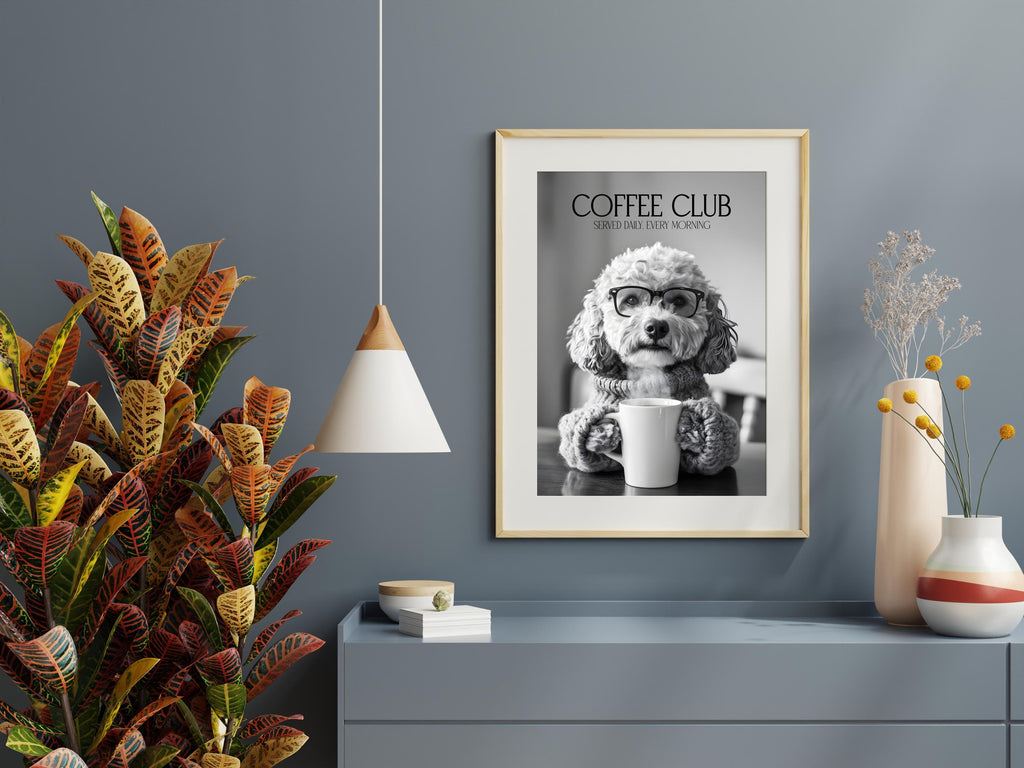 Cockapoo Dog Print, Coffee Club Wall Art, Funny Kitchen Decor, B&W Dog Drinking Poster, Humorous Pet Photograph
