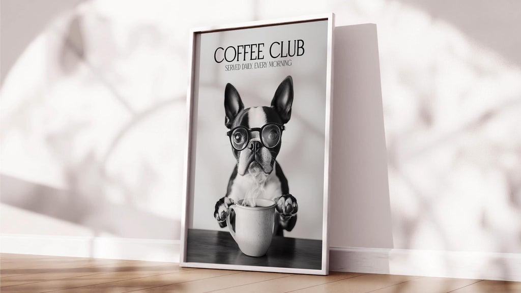 Boston Terrier Wall Art Print, Funny Dog Vet Gift, Coffee Poster, Black & White Coffee Shop Decor