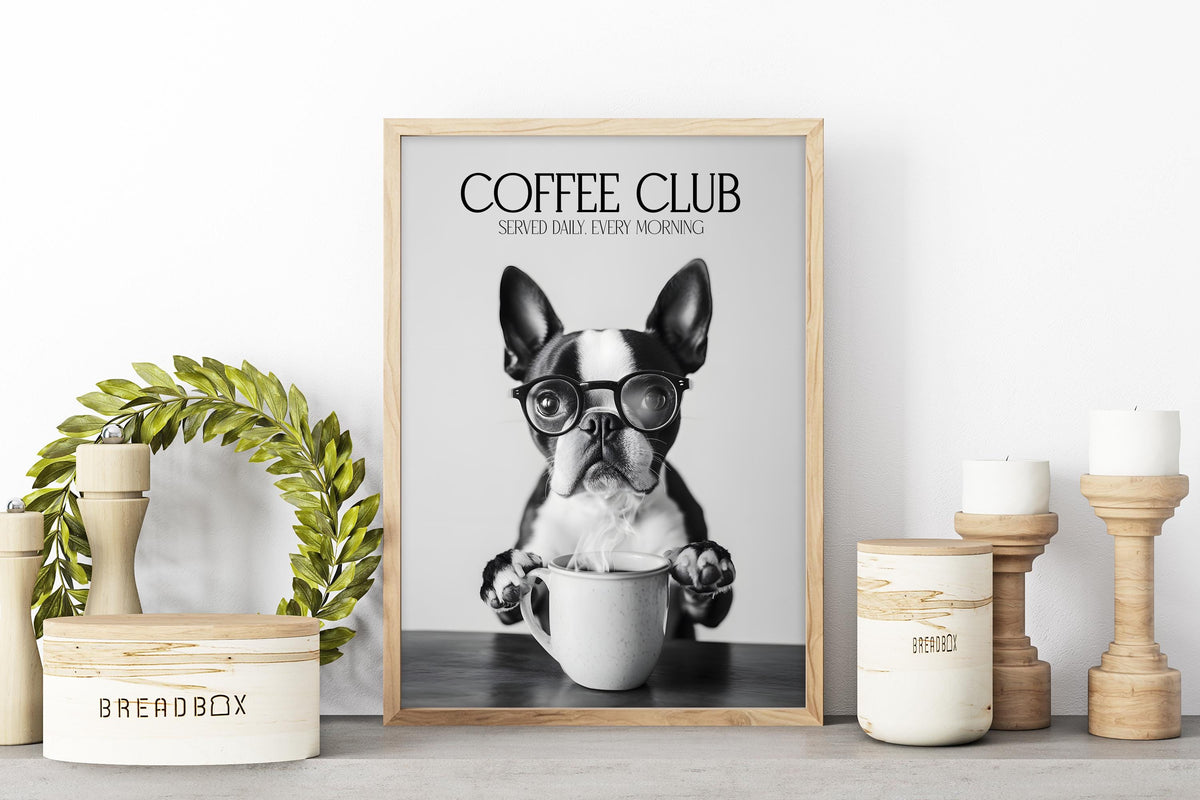 Boston Terrier Wall Art Print, Funny Dog Vet Gift, Coffee Poster, Black & White Coffee Shop Decor