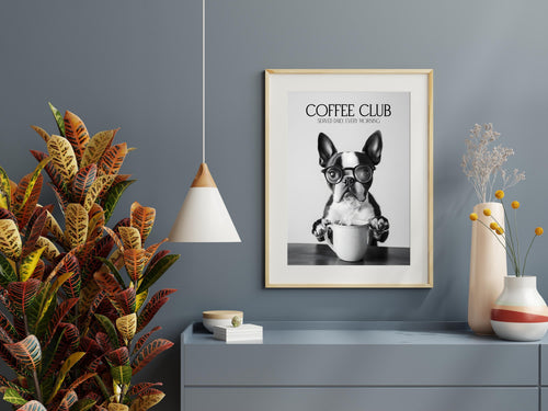 Boston Terrier Wall Art Print, Funny Dog Vet Gift, Coffee Poster, Black & White Coffee Shop Decor