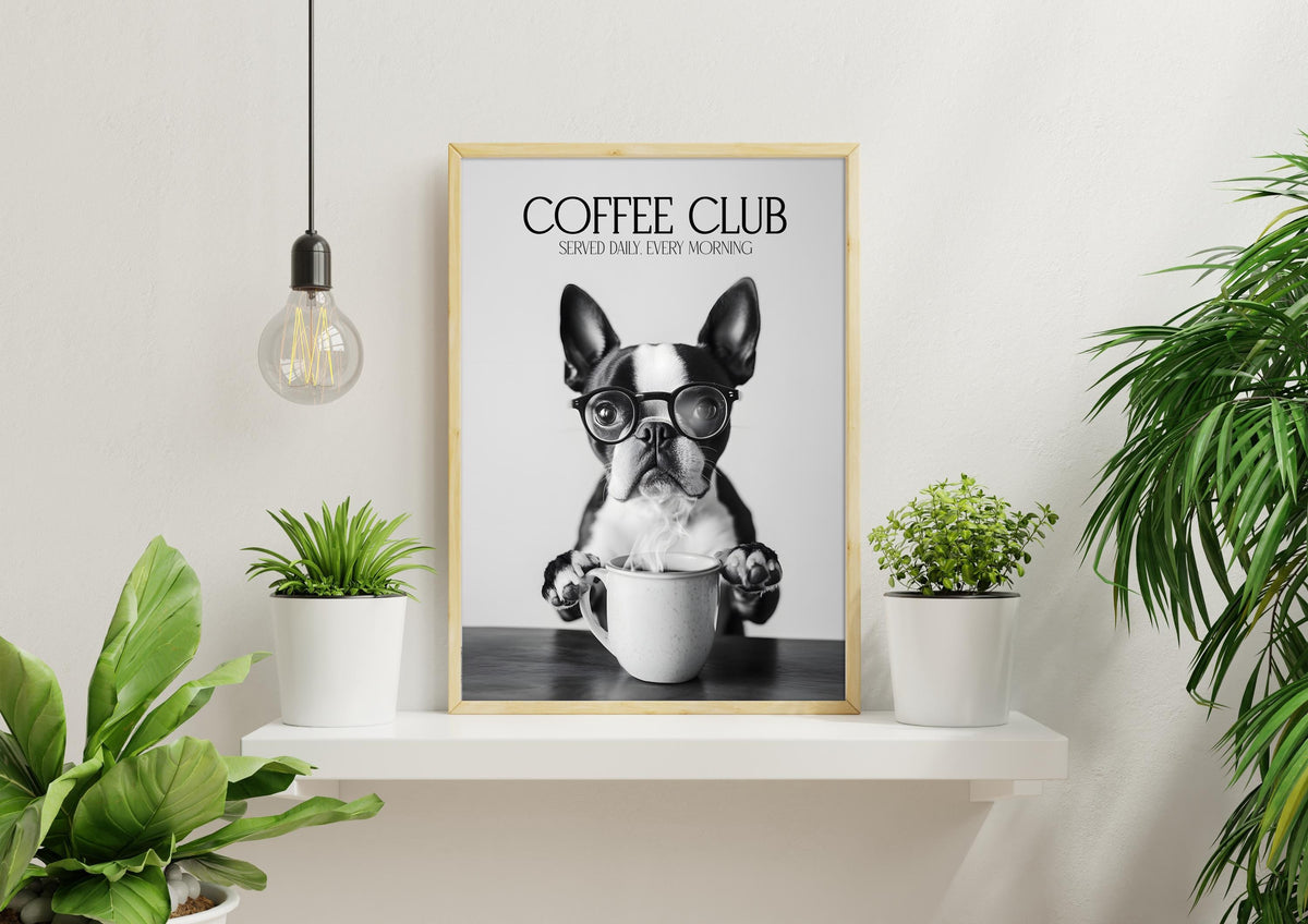 Boston Terrier Wall Art Print, Funny Dog Vet Gift, Coffee Poster, Black & White Coffee Shop Decor