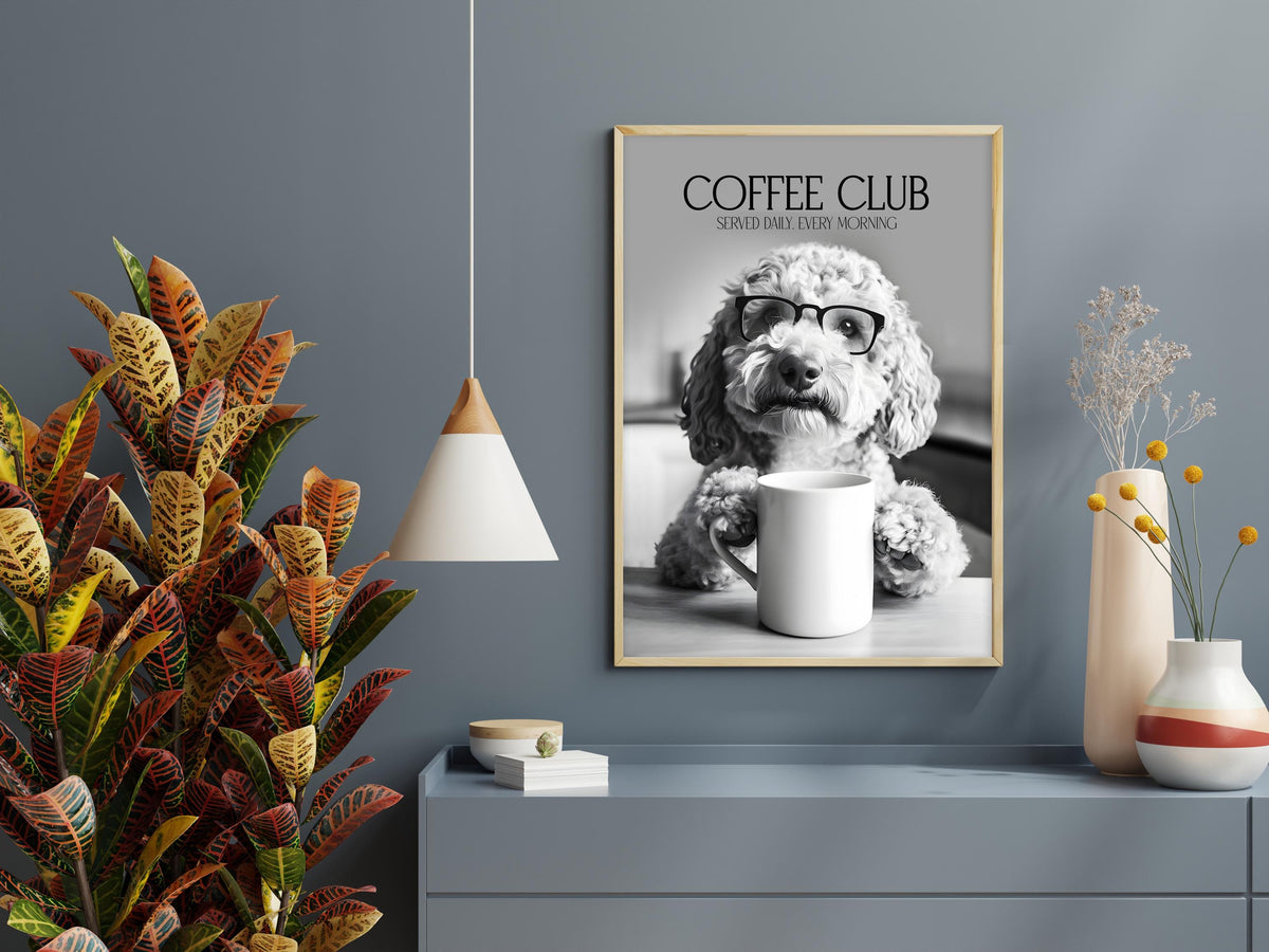Labradoodle Wall Art Print: Funny Dog Vet Gift, Black & White Dogs Drinking Poster, Dogs with Coffee