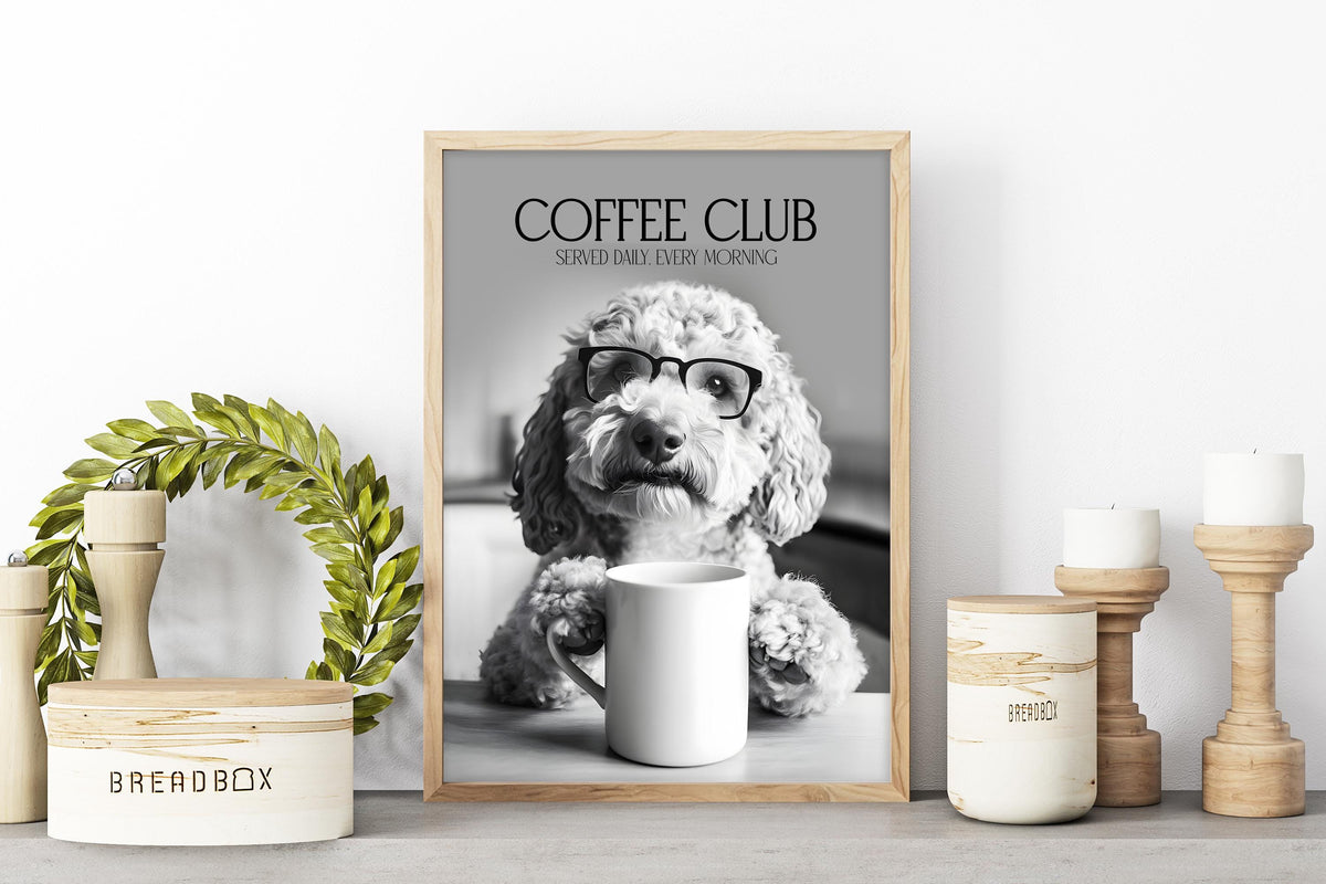 Labradoodle Wall Art Print: Funny Dog Vet Gift, Black & White Dogs Drinking Poster, Dogs with Coffee
