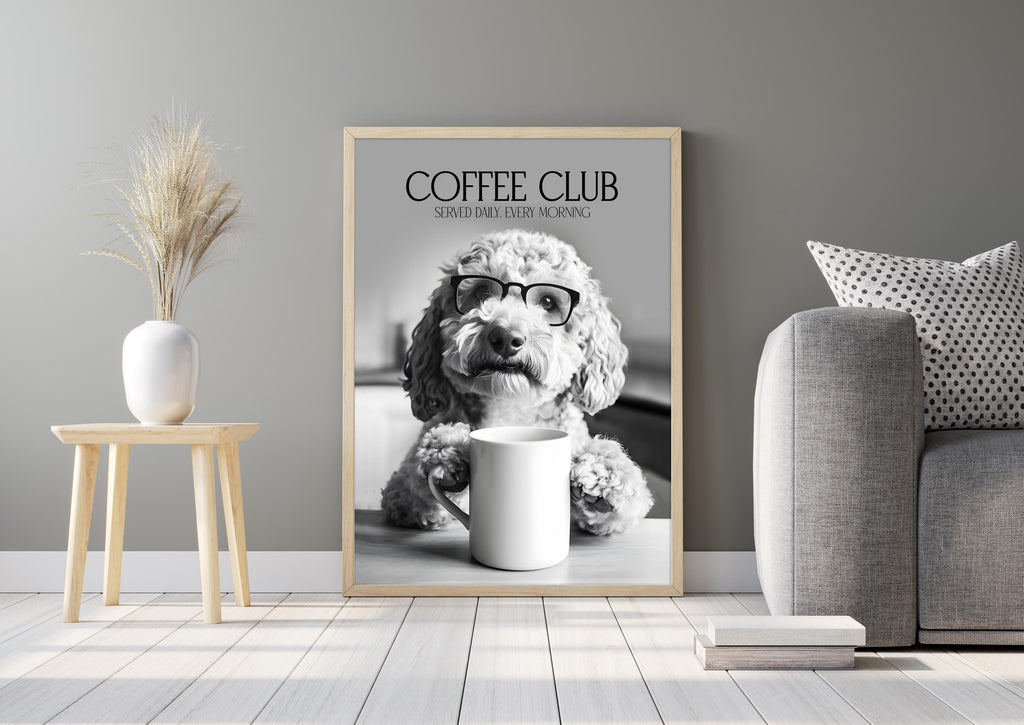 Labradoodle Wall Art Print: Funny Dog Vet Gift, Black & White Dogs Drinking Poster, Dogs with Coffee