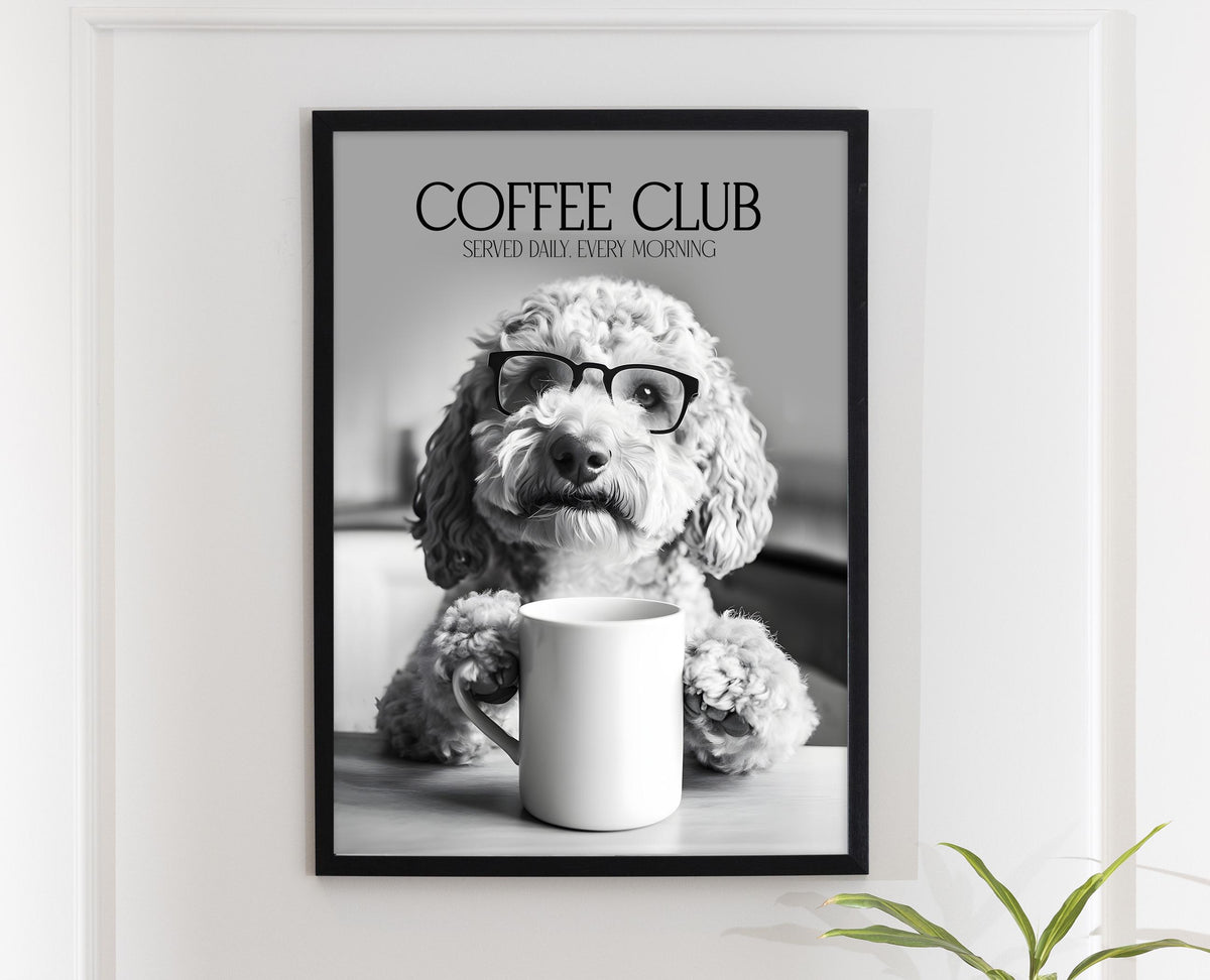 Labradoodle Wall Art Print: Funny Dog Vet Gift, Black & White Dogs Drinking Poster, Dogs with Coffee