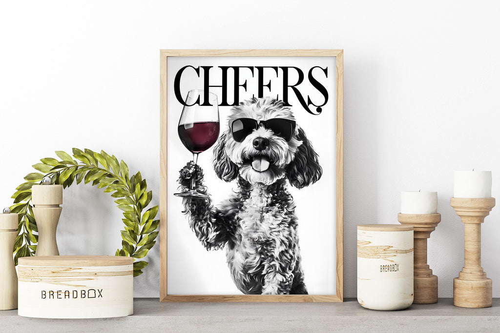 Cockapoo Black & White Funny Print, Monochrome Dog Photo Wall Art, Bold Typography Red Wine Artwork, Glossy Bold Type Poster