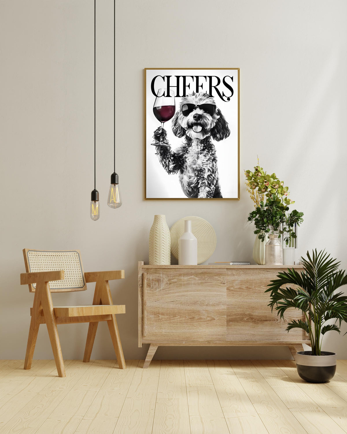 Cockapoo Black & White Funny Print, Monochrome Dog Photo Wall Art, Bold Typography Red Wine Artwork, Glossy Bold Type Poster