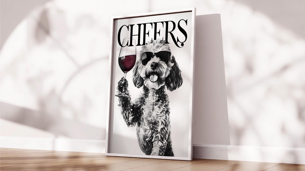 Cockapoo Black & White Funny Print, Monochrome Dog Photo Wall Art, Bold Typography Red Wine Artwork, Glossy Bold Type Poster