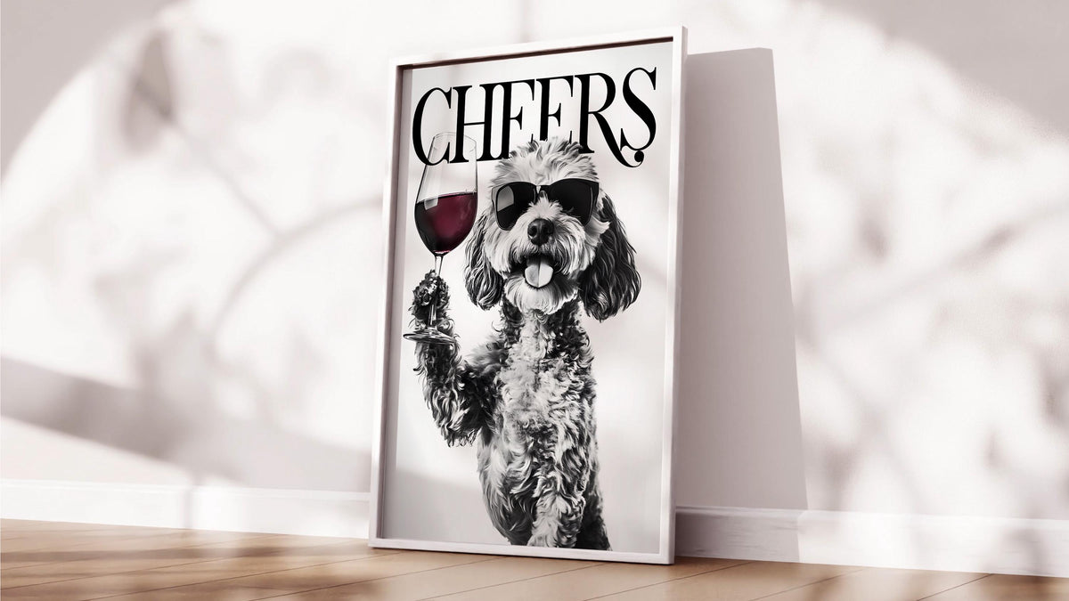 Cockapoo Black & White Funny Print, Monochrome Dog Photo Wall Art, Bold Typography Red Wine Artwork, Glossy Bold Type Poster