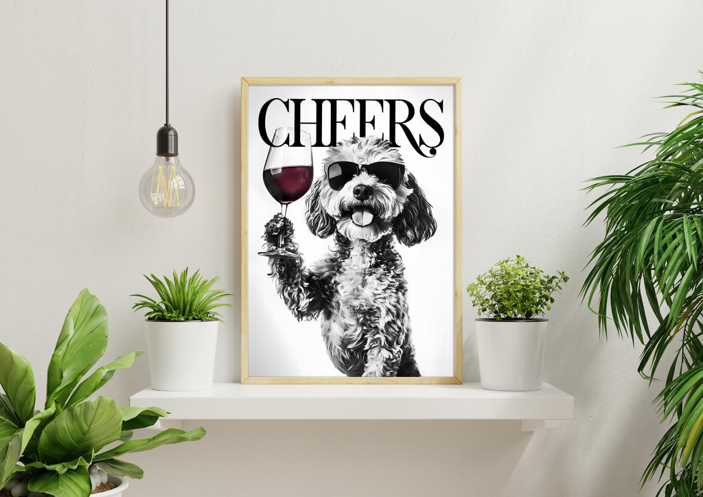 Cockapoo Black & White Funny Print, Monochrome Dog Photo Wall Art, Bold Typography Red Wine Artwork, Glossy Bold Type Poster