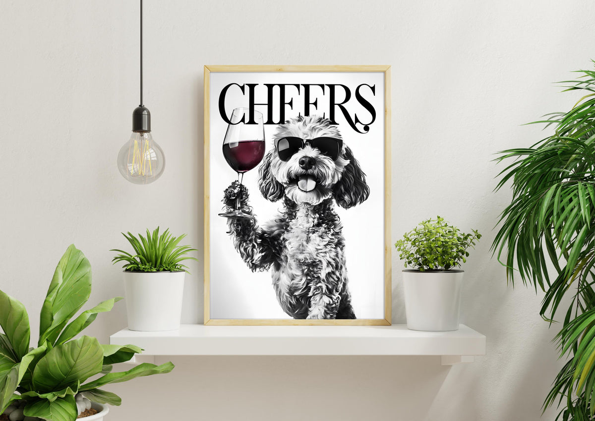 Cockapoo Black & White Funny Print, Monochrome Dog Photo Wall Art, Bold Typography Red Wine Artwork, Glossy Bold Type Poster