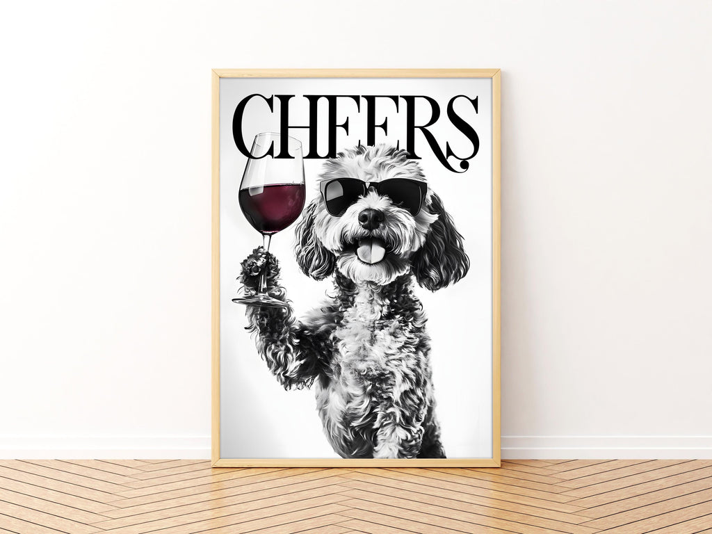 Cockapoo Black & White Funny Print, Monochrome Dog Photo Wall Art, Bold Typography Red Wine Artwork, Glossy Bold Type Poster