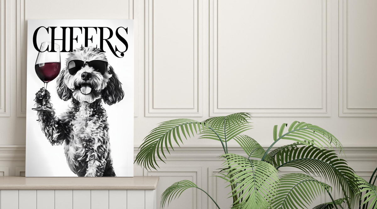 Cockapoo Black & White Funny Print, Monochrome Dog Photo Wall Art, Bold Typography Red Wine Artwork, Glossy Bold Type Poster