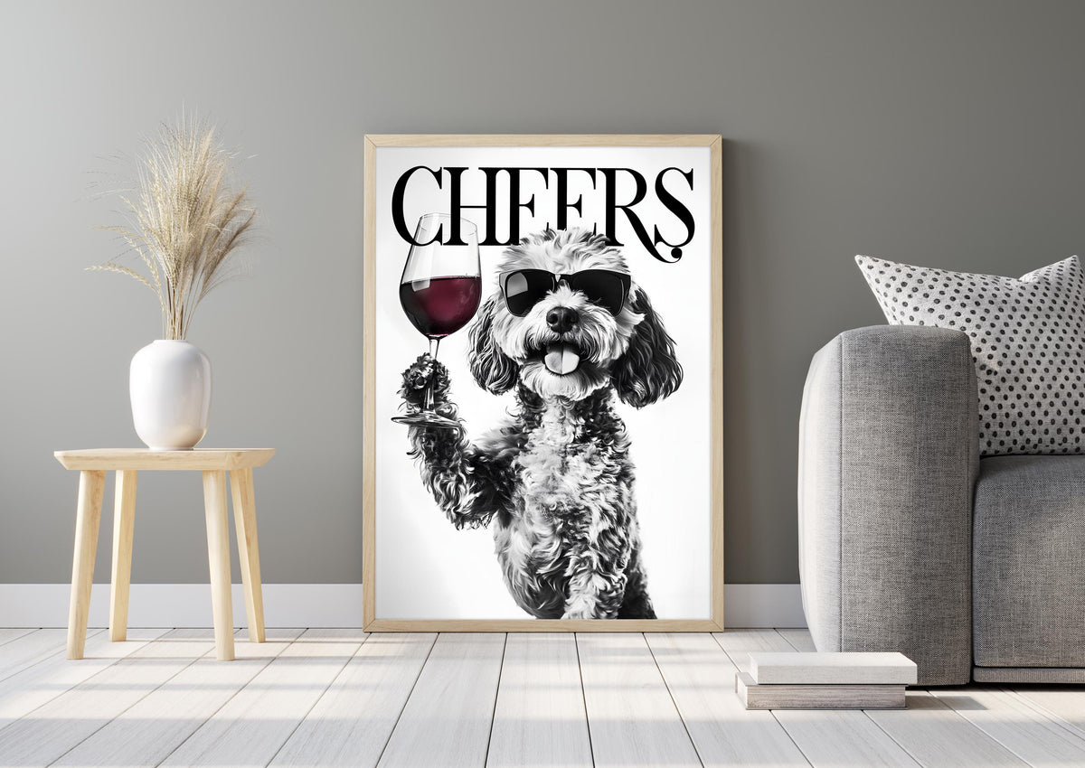 Cockapoo Black & White Funny Print, Monochrome Dog Photo Wall Art, Bold Typography Red Wine Artwork, Glossy Bold Type Poster