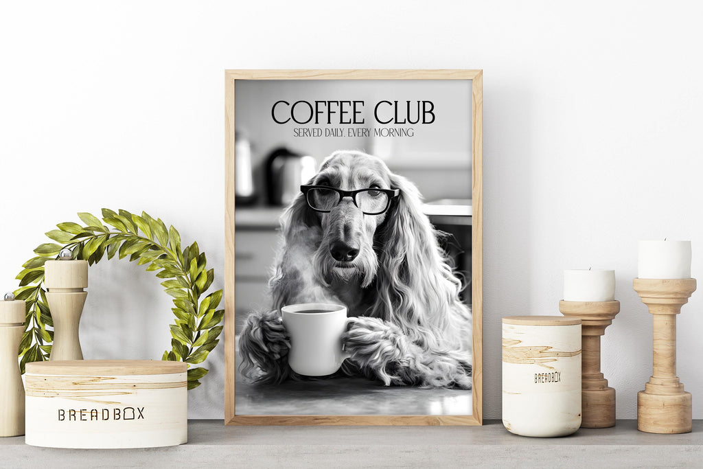 Afghan Hound Monochrome Print: Funny Dog Kitchen Wall Art, Black & White Coffee Drinking Poster, Pet Owner Photo Artwork