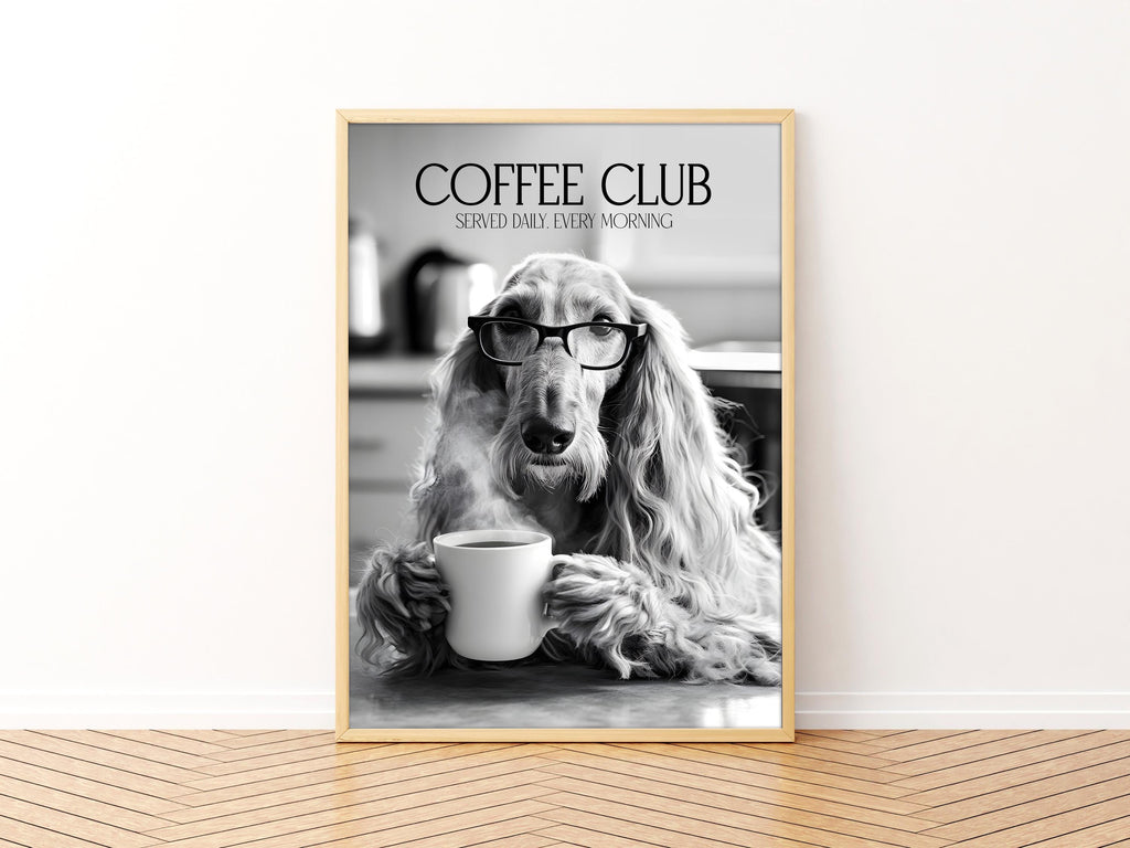 Afghan Hound Monochrome Print: Funny Dog Kitchen Wall Art, Black & White Coffee Drinking Poster, Pet Owner Photo Artwork