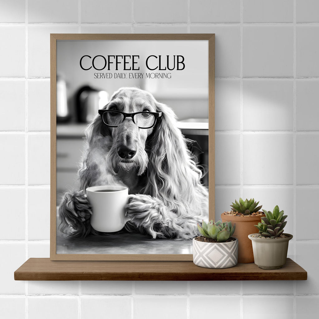 Afghan Hound Monochrome Print: Funny Dog Kitchen Wall Art, Black & White Coffee Drinking Poster, Pet Owner Photo Artwork
