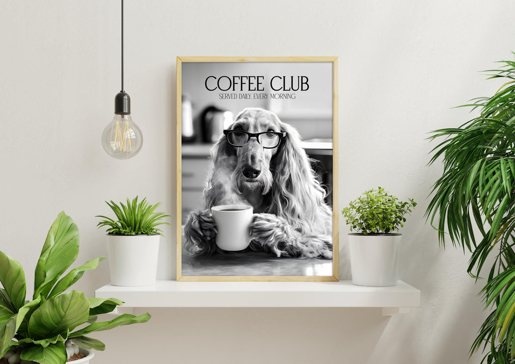 Afghan Hound Monochrome Print: Funny Dog Kitchen Wall Art, Black & White Coffee Drinking Poster, Pet Owner Photo Artwork