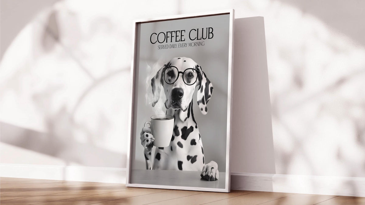 Dalmatian Dog Print: Funny Dog Kitchen Picture, Black & White Decor, Pet Owner Photo Poster, Cafe Humour Artwork, Dalmatian Drinking Coffee