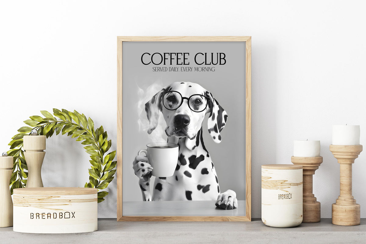 Dalmatian Dog Print: Funny Dog Kitchen Picture, Black & White Decor, Pet Owner Photo Poster, Cafe Humour Artwork, Dalmatian Drinking Coffee