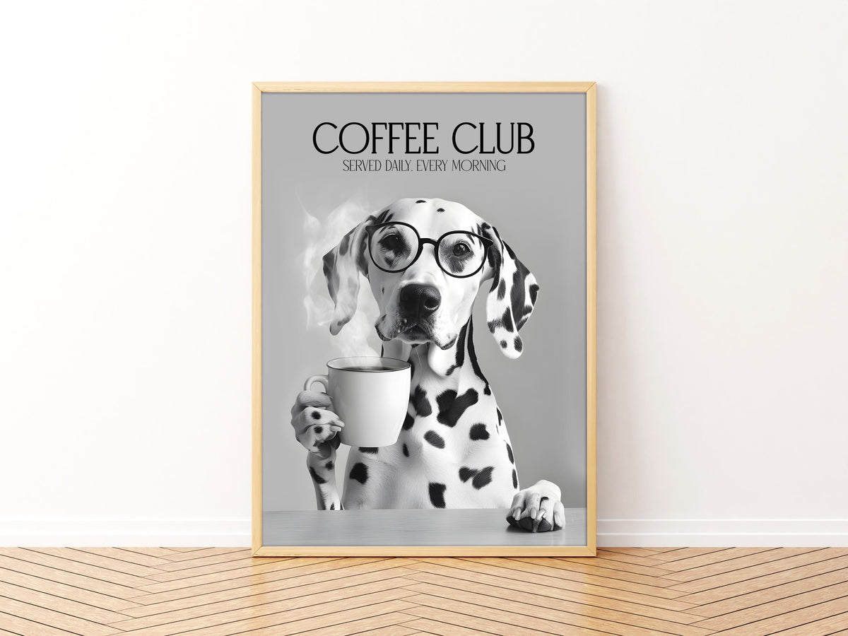 Dalmatian Dog Print: Funny Dog Kitchen Picture, Black & White Decor, Pet Owner Photo Poster, Cafe Humour Artwork, Dalmatian Drinking Coffee