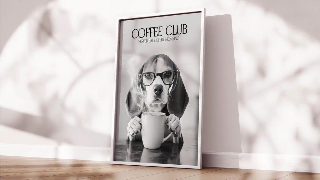Beagle Monochrome Print: Funny Dog Kitchen Picture, Black & White Coffee Drinking Poster, Pet Owner Photo Poster, Cafe Humour Artwork