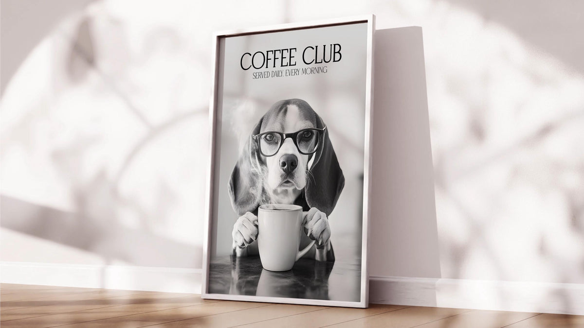 Beagle Monochrome Print: Funny Dog Kitchen Picture, Black & White Coffee Drinking Poster, Pet Owner Photo Poster, Cafe Humour Artwork