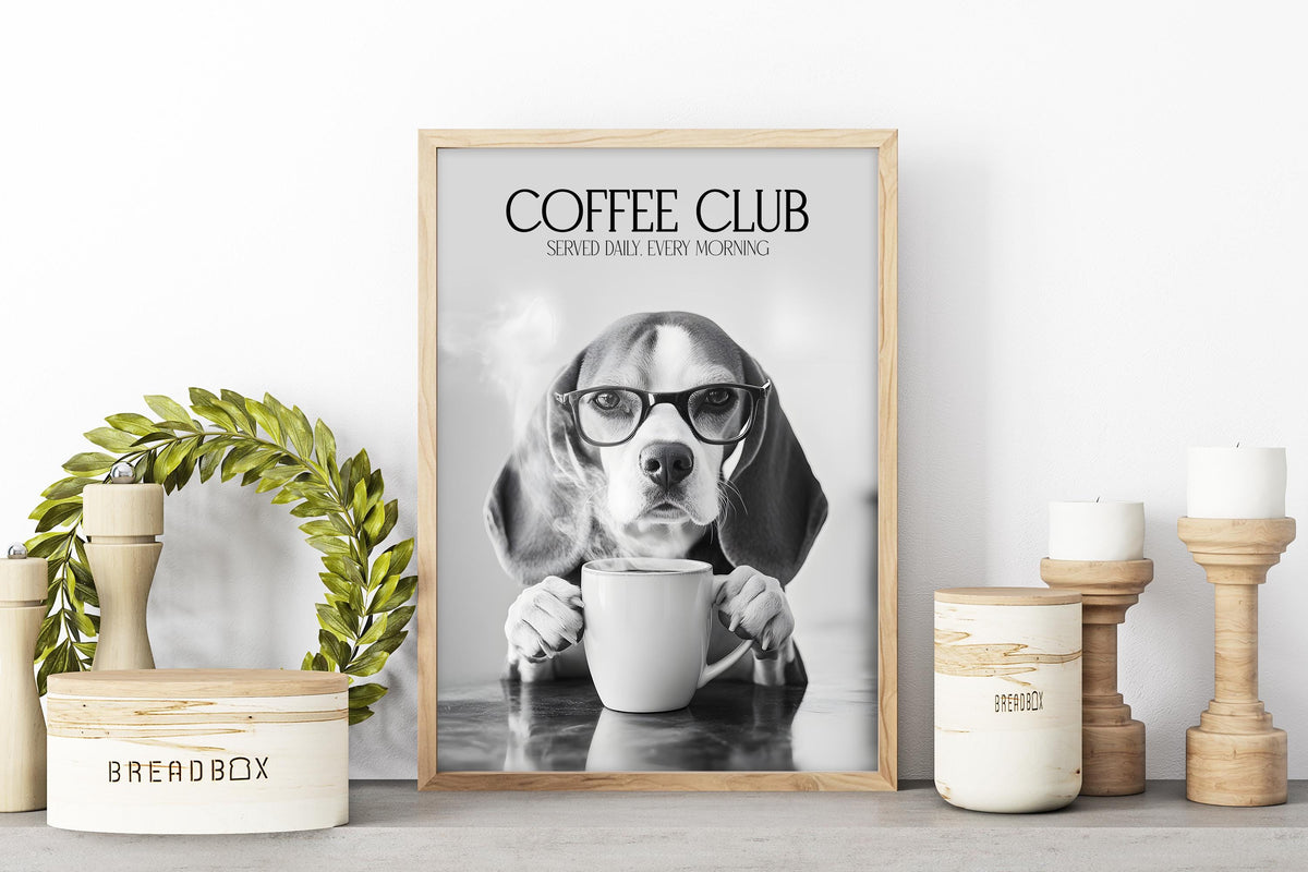 Beagle Monochrome Print: Funny Dog Kitchen Picture, Black & White Coffee Drinking Poster, Pet Owner Photo Poster, Cafe Humour Artwork