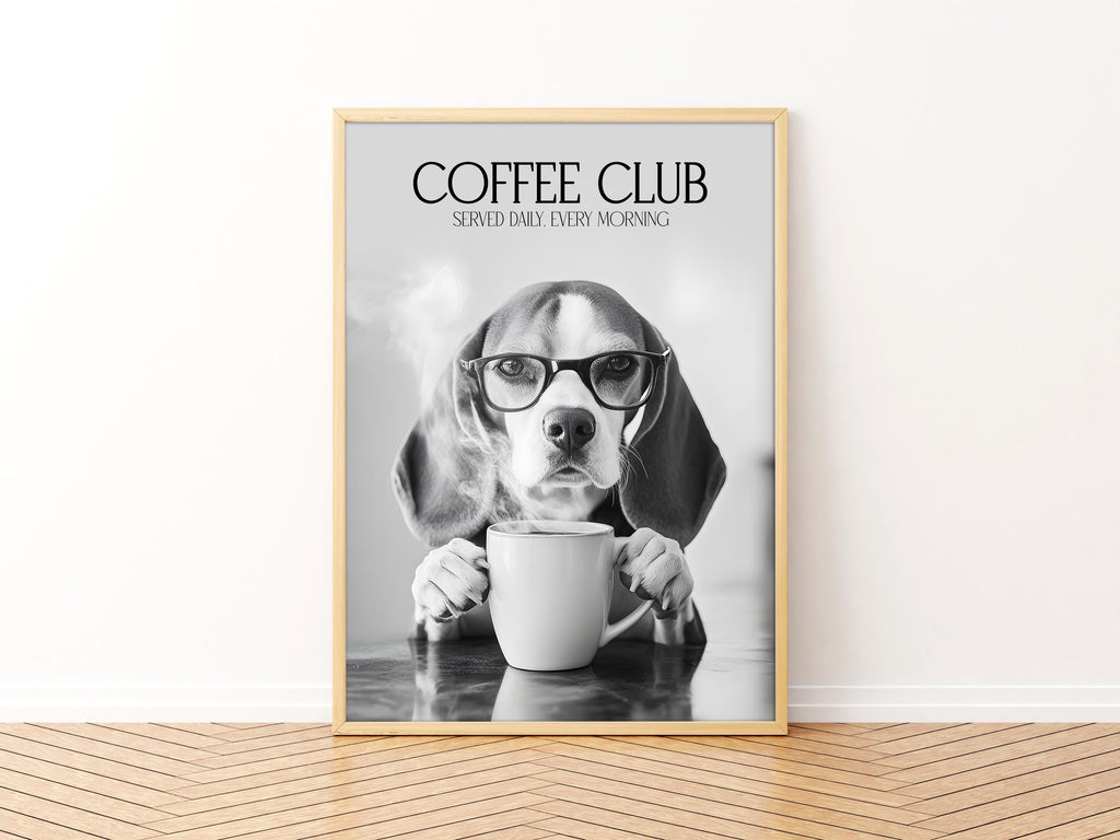 Beagle Monochrome Print: Funny Dog Kitchen Picture, Black & White Coffee Drinking Poster, Pet Owner Photo Poster, Cafe Humour Artwork