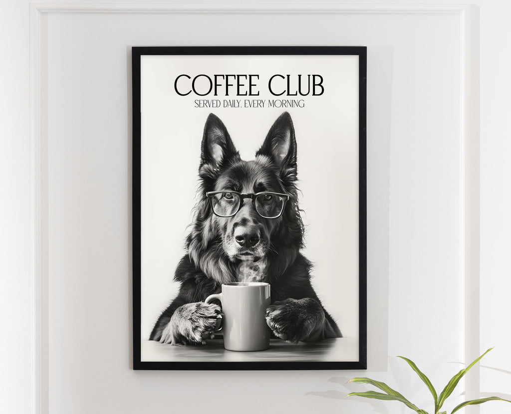 German Shepherd Art Print: Alsatian Dog Gifts, Funny Dog Kitchen Wall Art, Black & White Coffee Drinking Poster, Pet Owner Photo Artwork