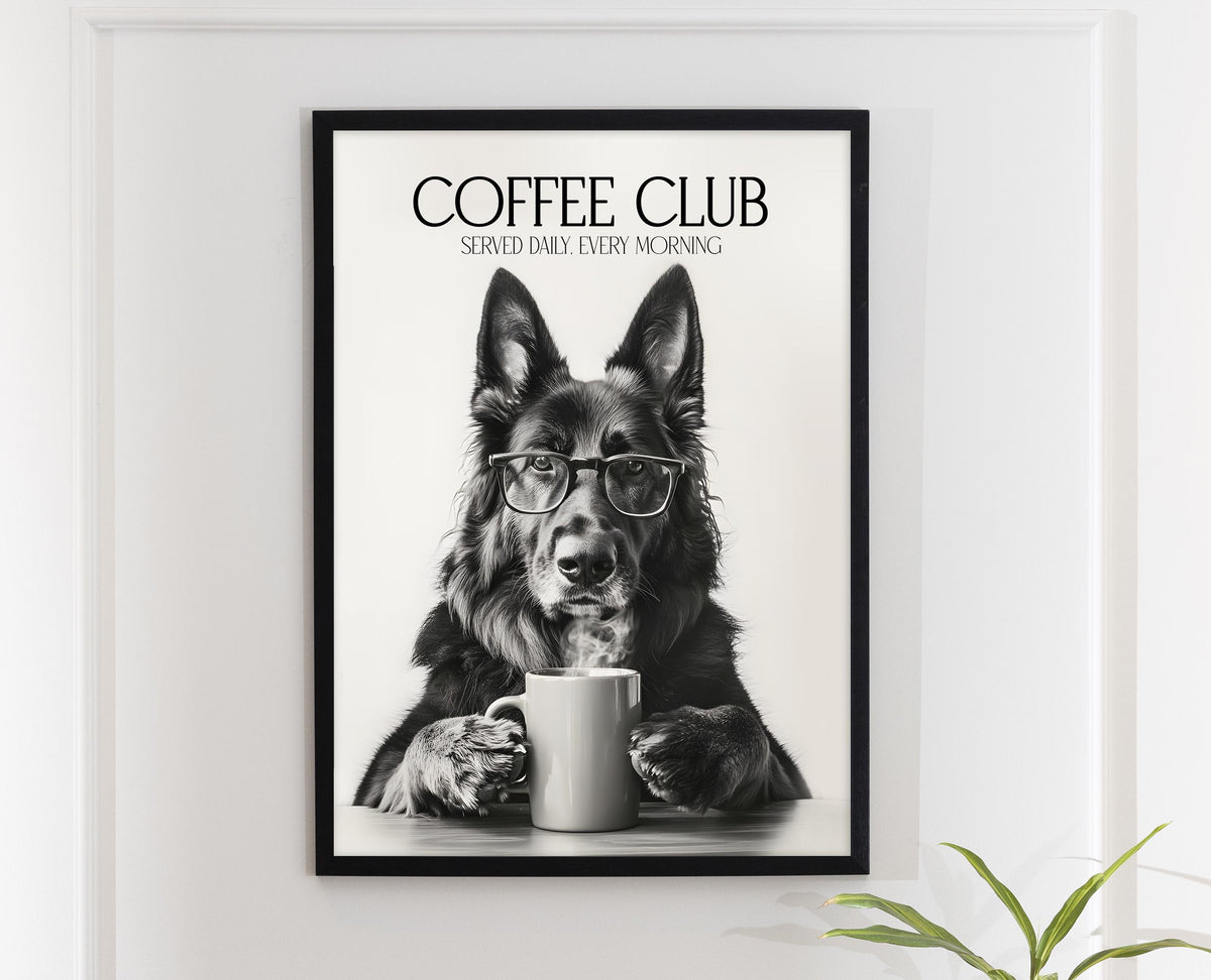 German Shepherd Art Print: Alsatian Dog Gifts, Funny Dog Kitchen Wall Art, Black & White Coffee Drinking Poster, Pet Owner Photo Artwork