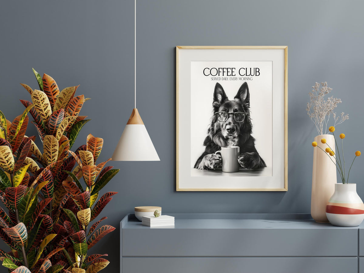 German Shepherd Art Print: Alsatian Dog Gifts, Funny Dog Kitchen Wall Art, Black & White Coffee Drinking Poster, Pet Owner Photo Artwork