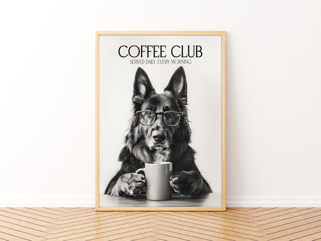German Shepherd Art Print: Alsatian Dog Gifts, Funny Dog Kitchen Wall Art, Black & White Coffee Drinking Poster, Pet Owner Photo Artwork