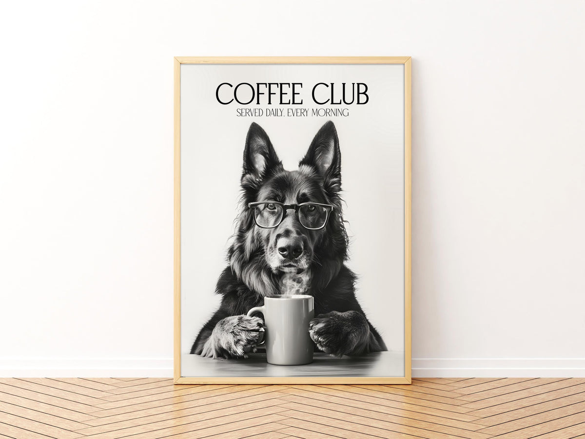 German Shepherd Art Print: Alsatian Dog Gifts, Funny Dog Kitchen Wall Art, Black & White Coffee Drinking Poster, Pet Owner Photo Artwork