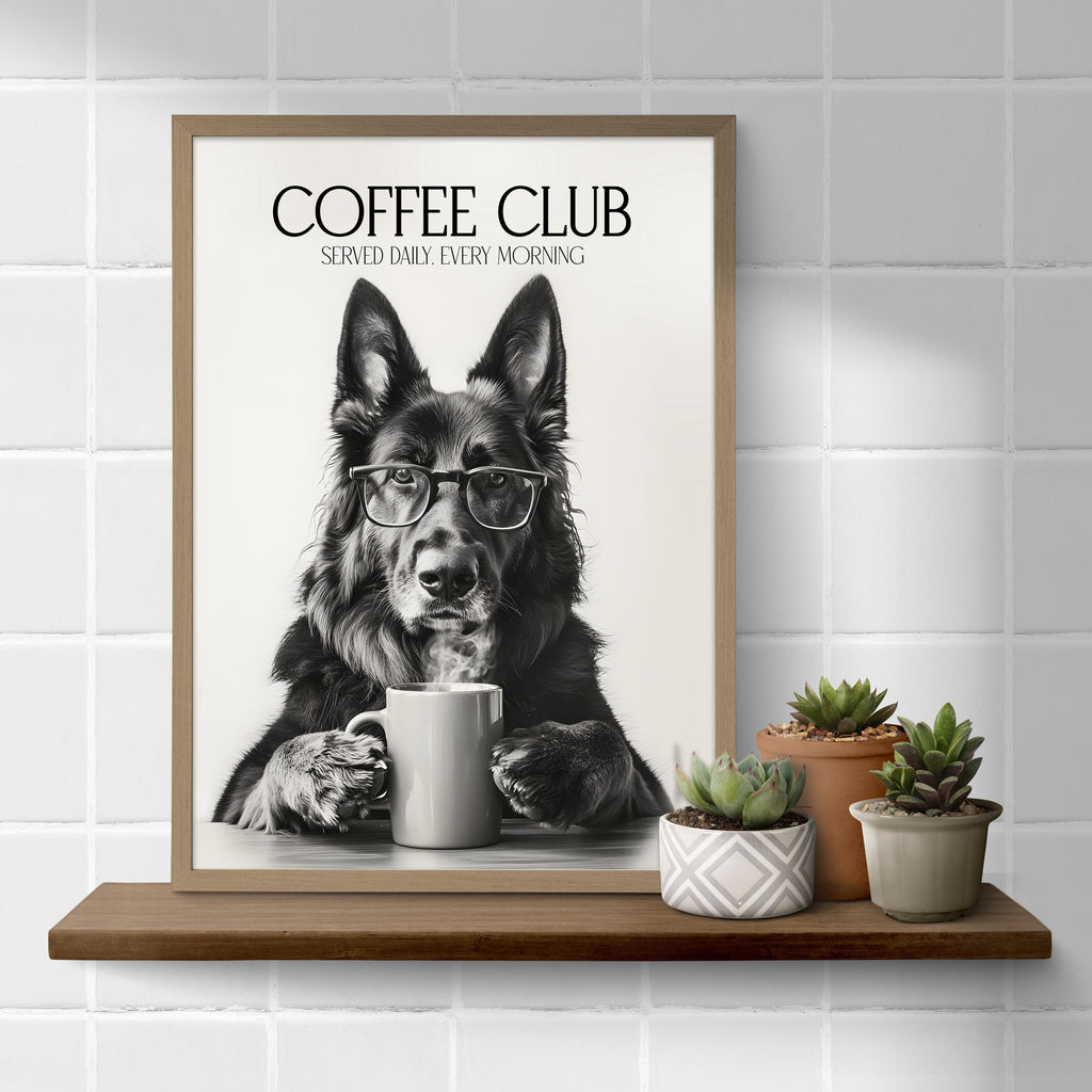 German Shepherd Art Print: Alsatian Dog Gifts, Funny Dog Kitchen Wall Art, Black & White Coffee Drinking Poster, Pet Owner Photo Artwork