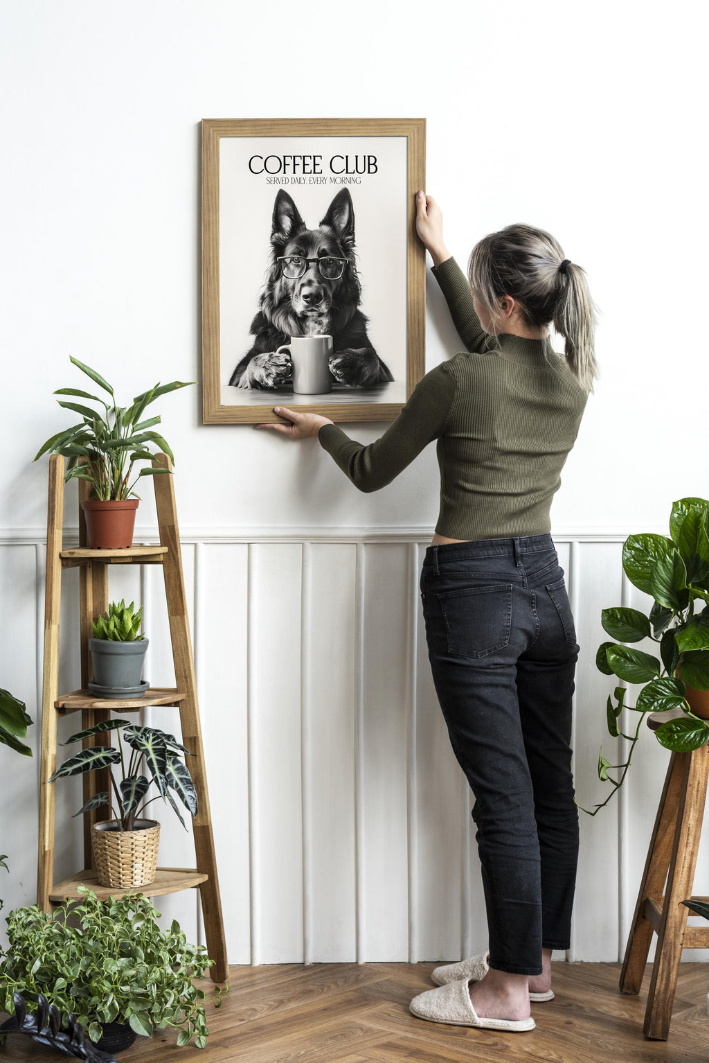 German Shepherd Art Print: Alsatian Dog Gifts, Funny Dog Kitchen Wall Art, Black & White Coffee Drinking Poster, Pet Owner Photo Artwork